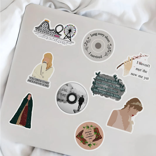 Open pack showing 50 sheets of colourful graffiti and cartoon waterproof luggage stickers.