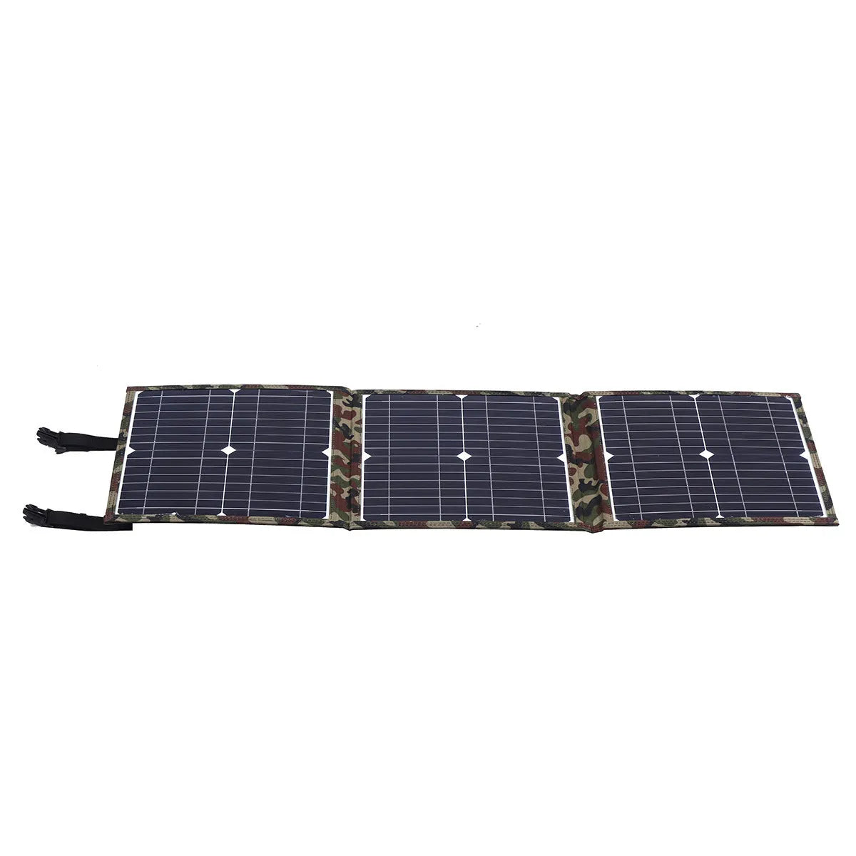 Black foldable portable solar panel unfolded showing solar cells, with included car charger and USB adapter.