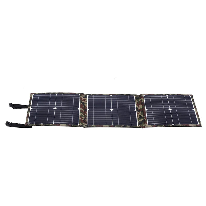 Portable outdoor foldable solar panel with 36W rated power and monocrystalline silicon cells for charging 12V batteries and USB devices via included car charger and junction box, compact size 87 x 28.5cm