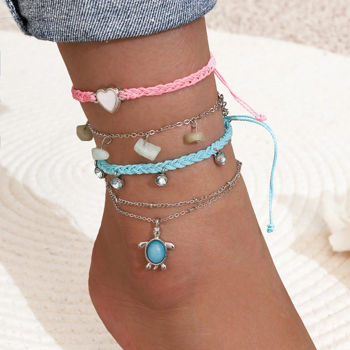 Hand-woven blue alloy anklet with geometric design, color code S0883
