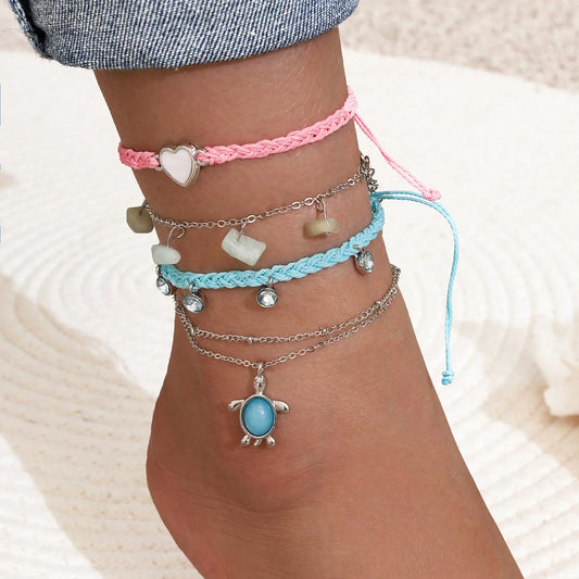 Hand-woven blue alloy anklet with geometric design, color code S0883