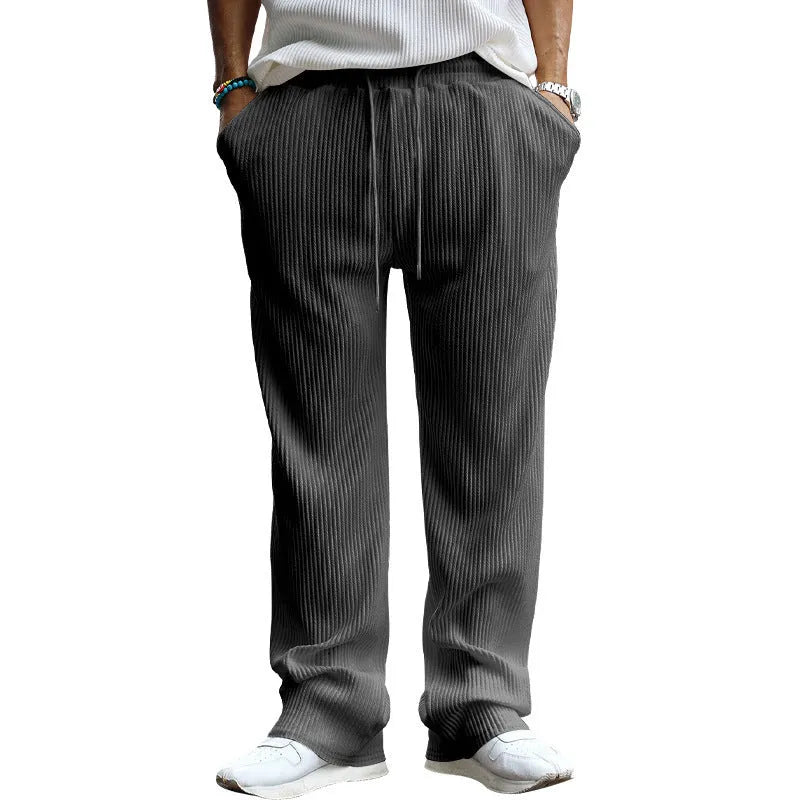 Men's casual loose striped high waist straight trousers in Army Green with micro elasticity
