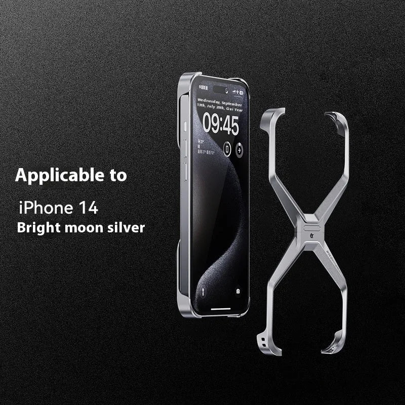 X-shaped aluminium alloy frameless half-pack phone case for iPhone 13 14 15 Pro Max in Bright Moon Silver, Dark Gray or Titanium Gold