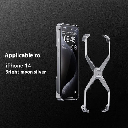 X-shaped aluminium alloy frameless half-pack phone case for iPhone 13 14 15 Pro Max in Bright Moon Silver, Dark Gray or Titanium Gold