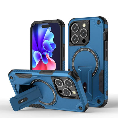 Magnetic invisible bracket phone case for iPhone 15 and 16 in Titan Gray with frosted finish and soft edge hard bottom.