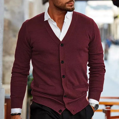 Men's slim fit acrylic cardigan sweater in autumn colours with long sleeves and front button opening
