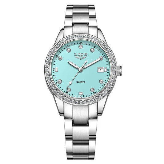 Fashion quartz watch with 34mm dial, diamond-encrusted bezel, luminous hands, and stainless steel case in silver colour options