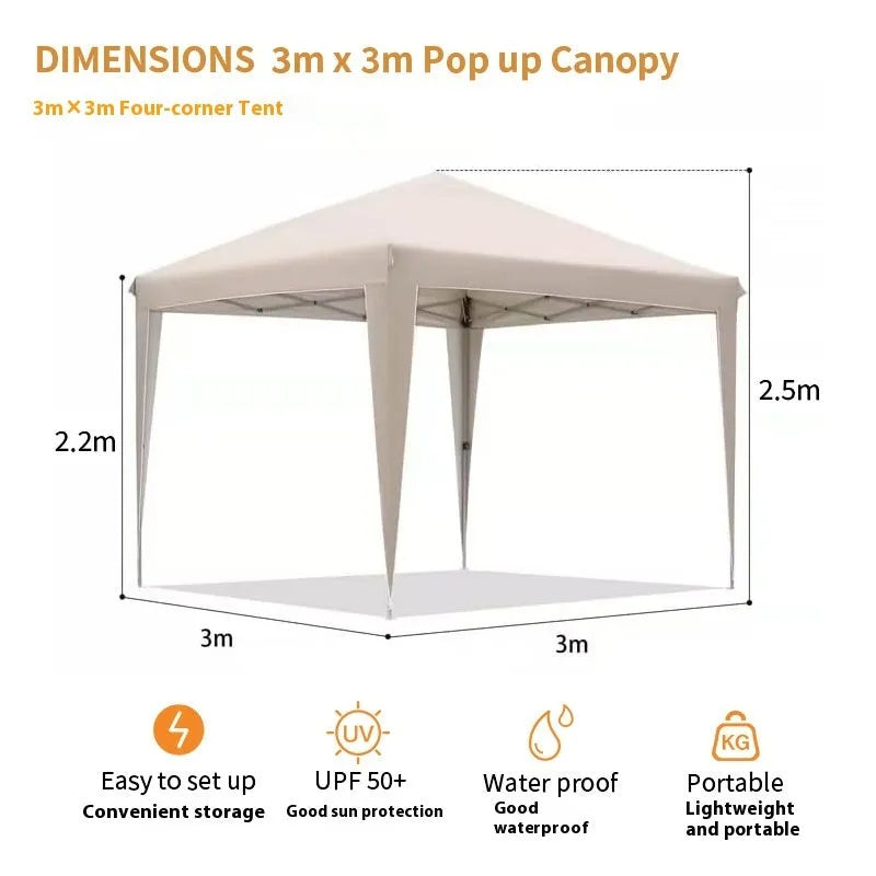 Four-corner folding exhibition tent, 3x3m, 300x300x220cm, available in blue, black, green, white or khaki with silver tape.