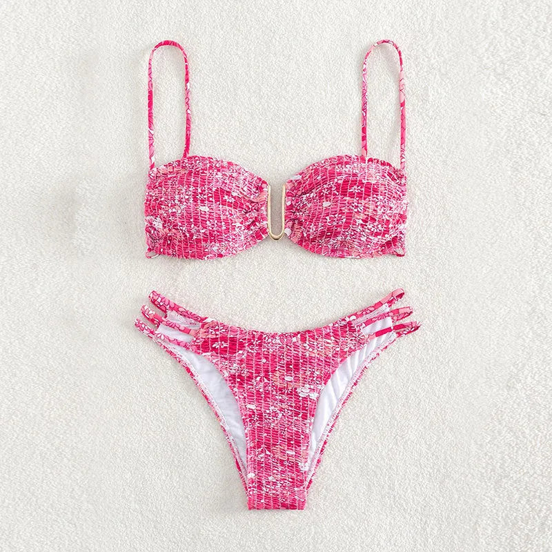 Women's floral bikini swimsuit set with high-waisted briefs in solid colours