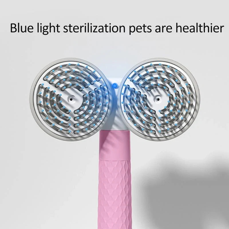 Double-headed negative ion pet brush with self-cleaning feature in pink, blue, and grey