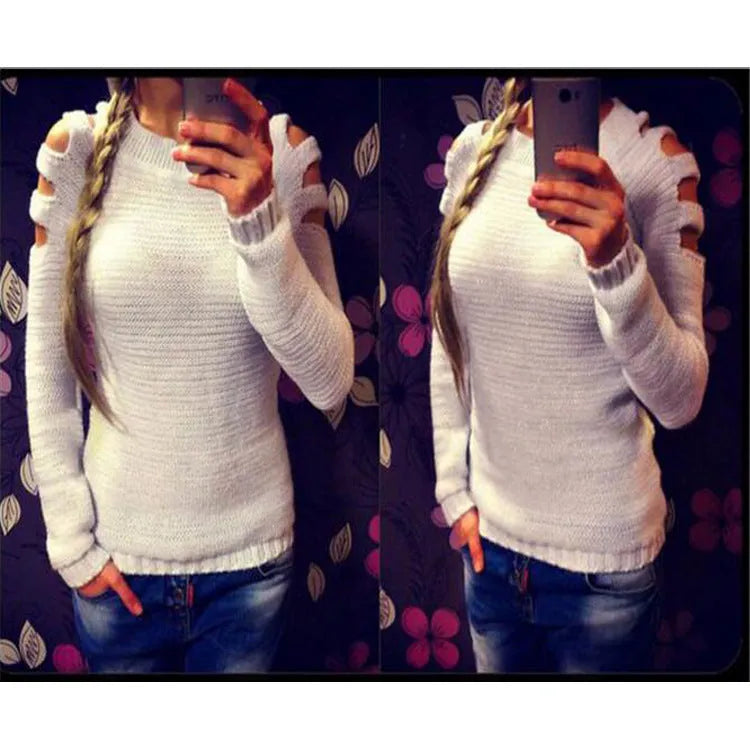 Women's solid colour round neck long-sleeved knitted shirt with hollow-out crochet detailing, available in white and grey sizes S-XL, featuring a 50cm length and rabbit fur blend fabric for a versatile commute style.