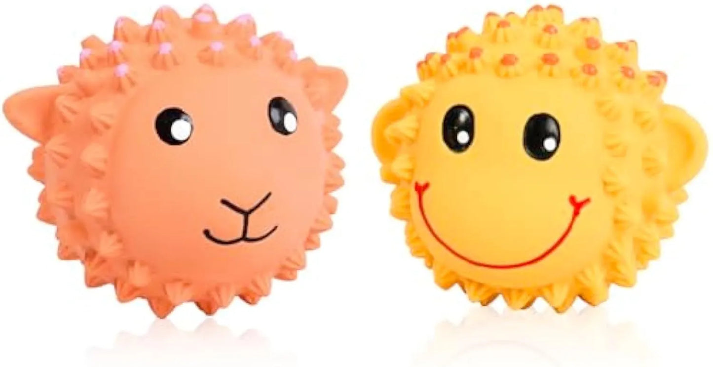 Latex squeaky dog toys in lamb and monkey designs, 3 inches diameter with spiky texture for dental cleaning