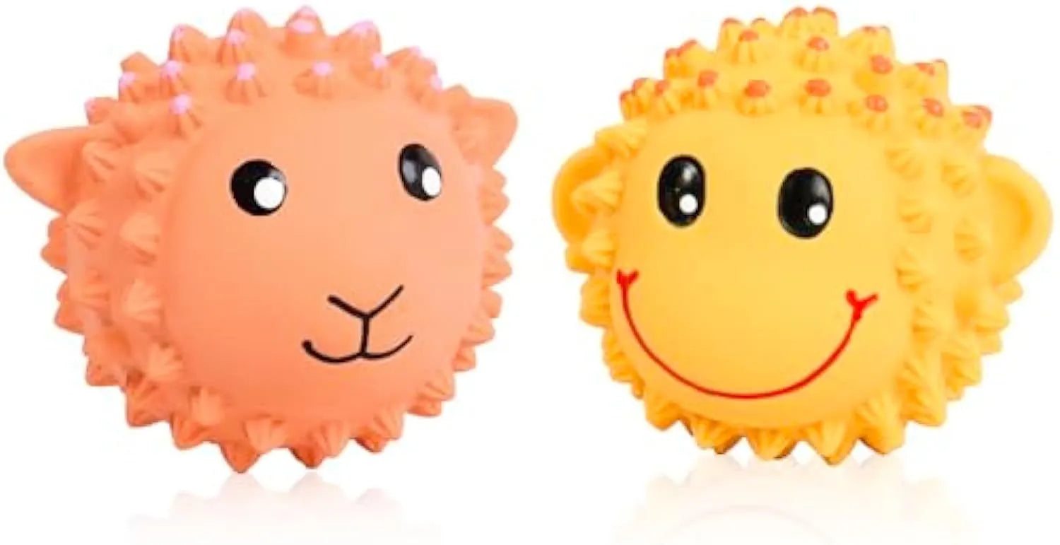 Latex squeaky dog toys in lamb and monkey designs, 3 inches diameter with spiky texture for dental cleaning