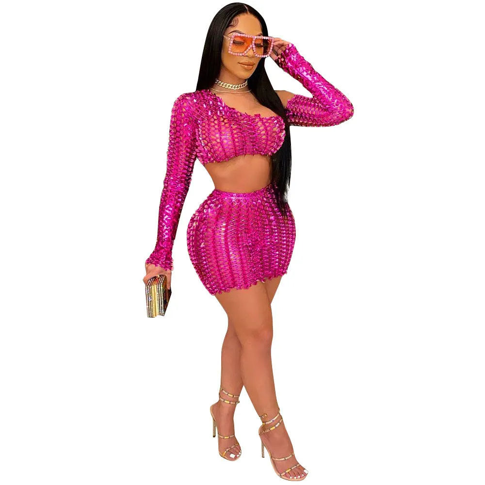 Women's black hollow-out net sleeveless top and short skirt two-piece set.
