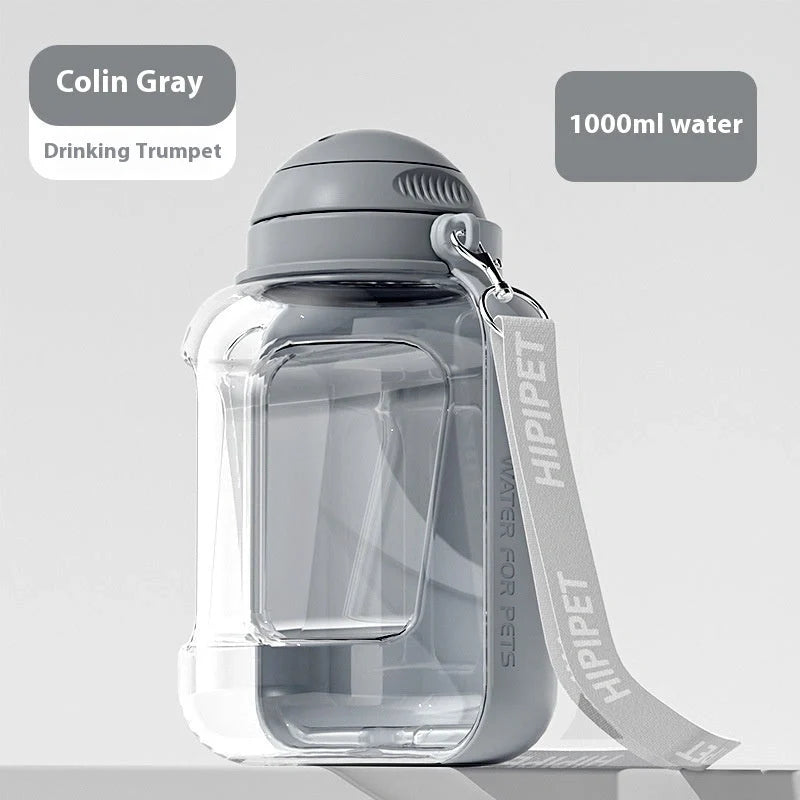 Portable 2-in-1 dog and cat water bowl with food container, available in white, yellow, and grey colors