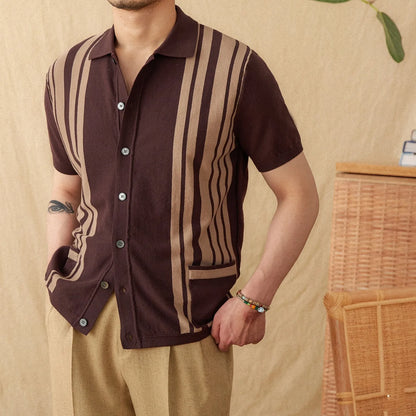 Short-sleeved knitted cardigan polo shirt in royal blue with lapel collar and striped pattern, sizes M to 3XL