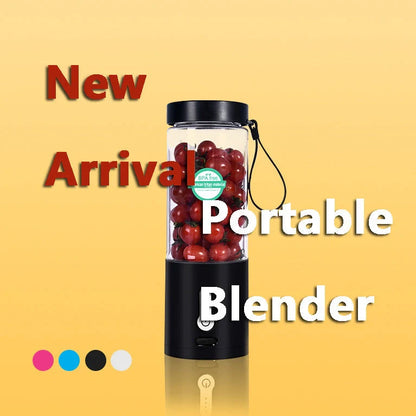 Hand operated portable blender in black, white, blue, and rose red with rechargeable battery and 530ml capacity
