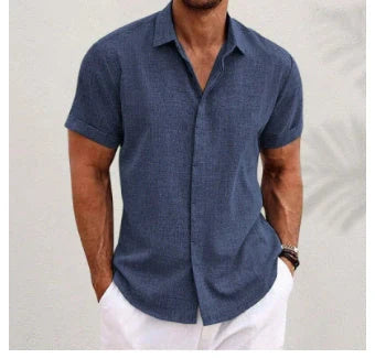 A versatile linen shirt in various colors, featuring a standing collar and short sleeves for a modern, tailored look.