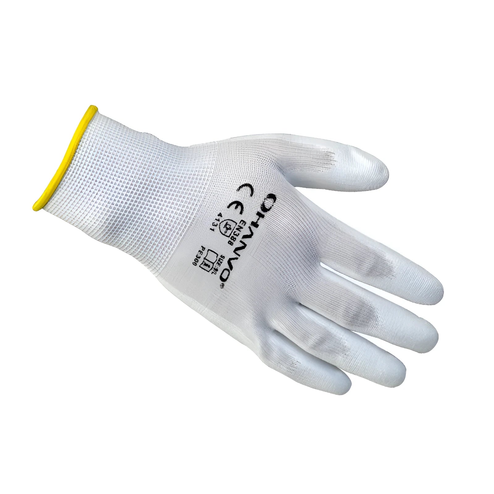 White PU-coated labour gloves showing flexible knit fabric on back and coated palm.