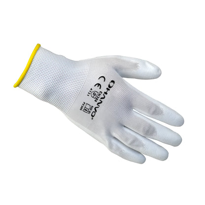 White PU coated work gloves showing palm grip and knit back, laid flat.