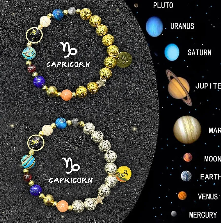 Two adjustable beaded bracelets with zodiac signs on natural stone beads, length 18-22cm