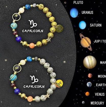 Two adjustable beaded bracelets with zodiac signs on natural stone beads, length 18-22cm
