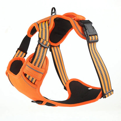Dog harness with reflective elements and adjustable chest strap in black, red, or fluorescent orange
