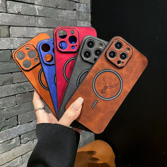 Elk magnetic suction phone case with cartoon design showing magnetic closure and imitation leather texture