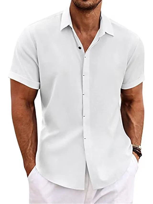 A versatile linen shirt in various colors, featuring a standing collar and short sleeves for a modern, tailored look.
