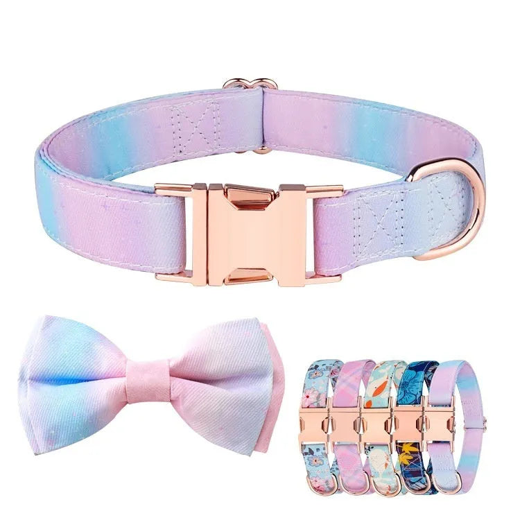 Rose gold buckle pet collar with decorative fabric bow in multiple colour options