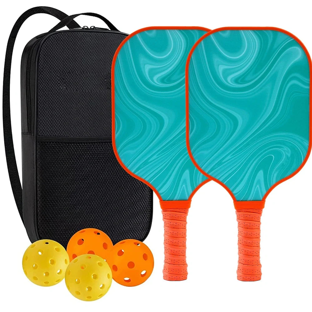 Peak Racket fibreglass squash set showing two rackets and four balls for complete playing equipment