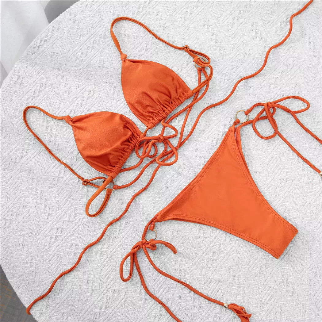 Ladies nylon shiny strap bikini in brown and pearl powder colors