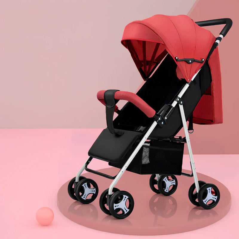 Lightweight folding baby stroller with universal front wheels and adjustable awning for all-weather use, featuring removable handrails for easy cleaning and multiple storage options