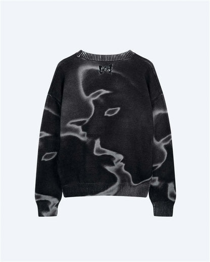 Printed polyester sweater in Black, Blue, or Rose Red, sizes XS to 3XL, long sleeve casual pullover