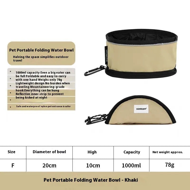 Folding pet water bowl in 190D nylon waterproof cloth, 1000ml capacity, shown in Chestnut Pink, Dark Green, Gray Green or Khaki