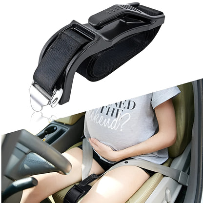 Black ABS plastic pregnancy seat belt adjuster with metal buckle for car safety.