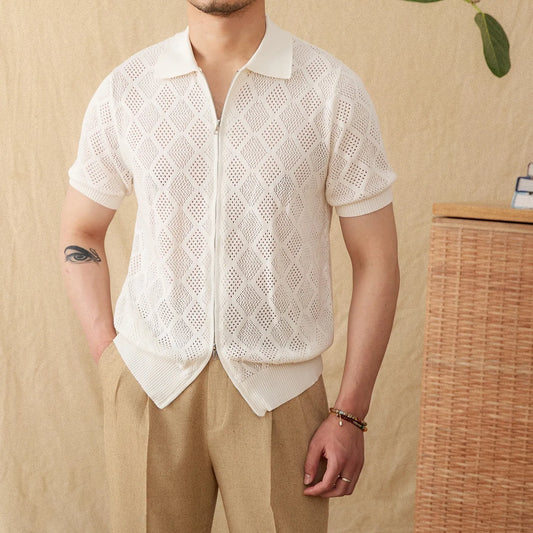 Cotton zipper hollow short sleeve lapel cardigan casual top in light brown colour on hanger