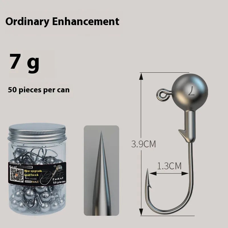 Steel jig fishing hooks with lead heads, 7g weight, and blood trough design in a set of 50 pieces