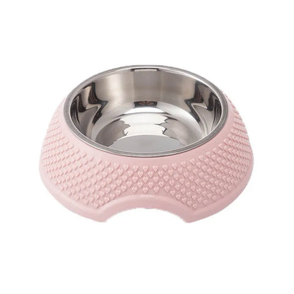 Blue stainless steel pet bowl with non-slip weighted base on a plain surface.