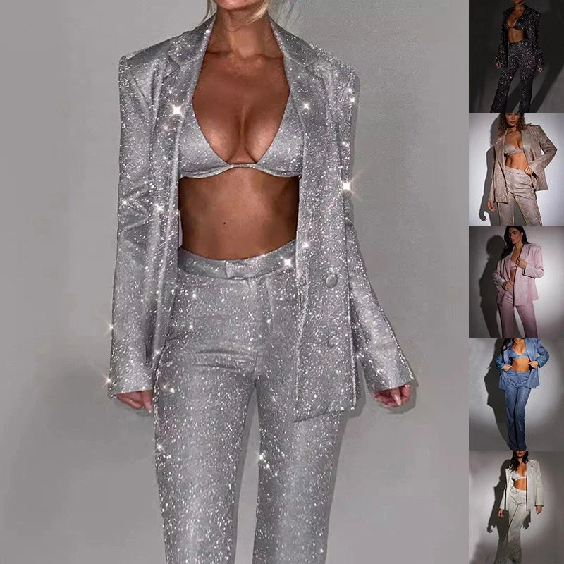 Women's 3-piece sequin-detailed party suit set in various colors and sizes