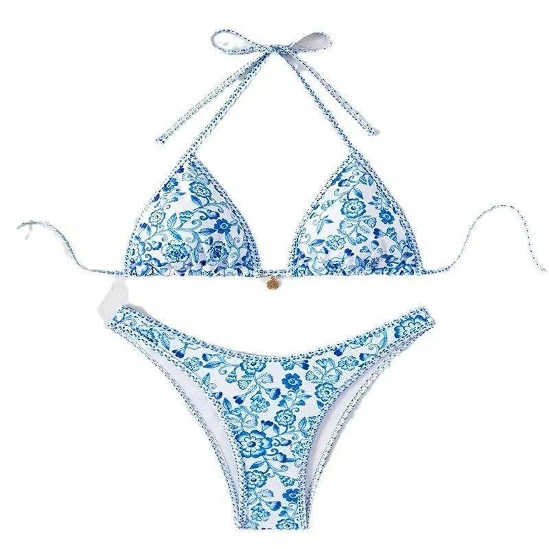 Women's blue and white porcelain print tube top bikini split swimsuit, sizes S to XL, polyester nylon spandex.