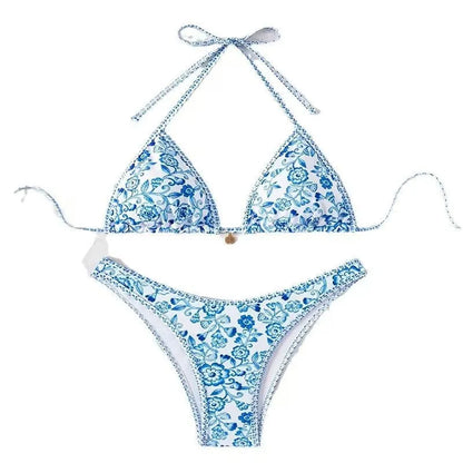 Women's blue and white porcelain print tube top bikini split swimsuit, sizes S to XL, polyester nylon spandex.