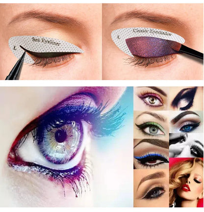 Four reusable eyeliner stencil templates on a pink background, showing winged and cat-eye designs for makeup application
