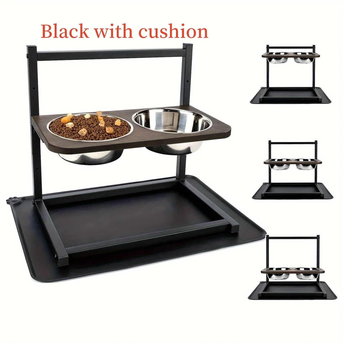 Black iron elevated dog food and water bowl stand with rack, 42 cm long by 40 cm high.