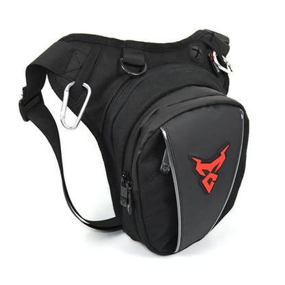 Red motorcycle leg bag made of 1200D Oxford cloth with adjustable straps for crossbody, shoulder, or waist wear.