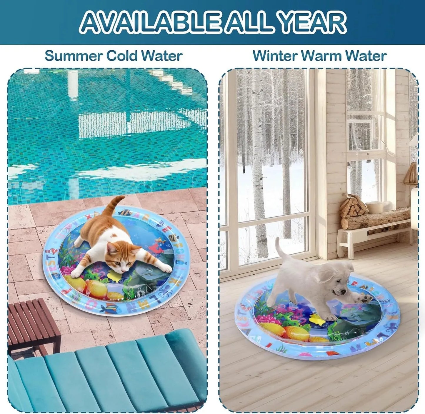 Thickened PVC water sensory playmat for pets with ocean fish design and floating toys.