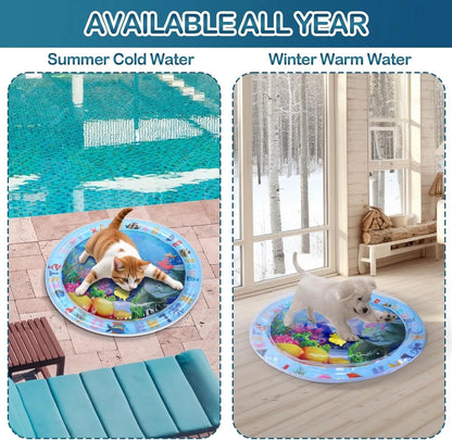 Thickened PVC water sensory playmat for pets with ocean fish design and floating toys.