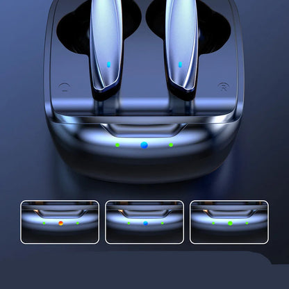 Black and white TWS Bluetooth headphones with USB charging case showing wireless earbuds