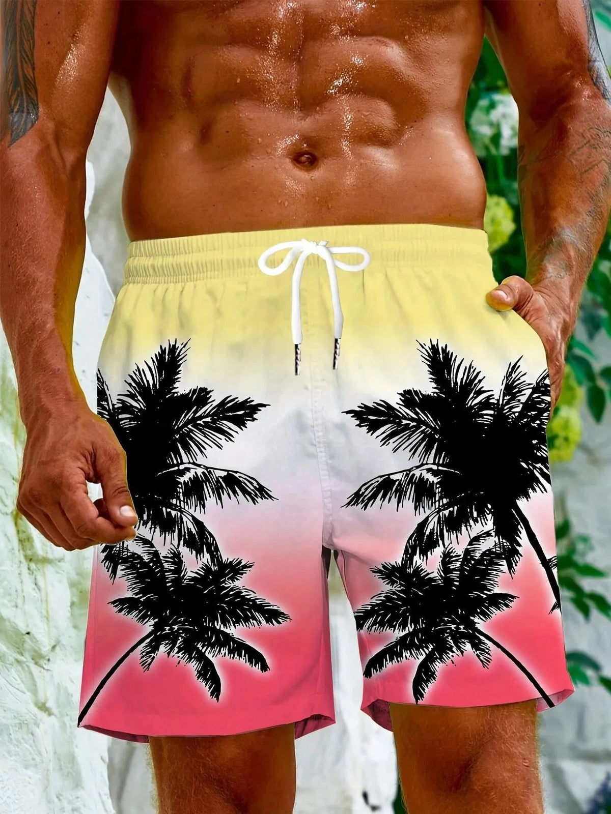 Men's micro-elastic quick-drying swimming trunks in polyester fabric showing colour and fit details