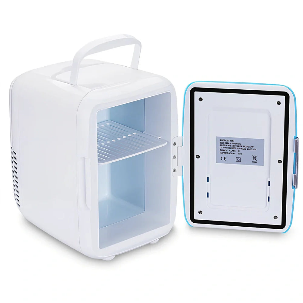 Blue 4L car refrigerator with handle showing dimensions and cigarette lighter plug